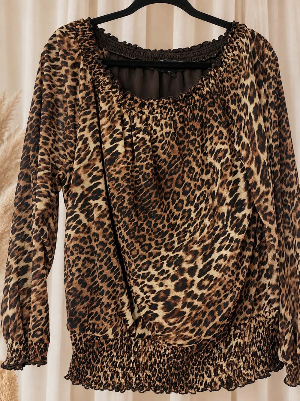 Inc International Concepts Smocked Neck Leopard Blouse Size Xl Brown